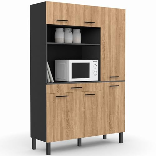 IDMarket - Buffet de Cuisine 120 cm CINA Noir et façon hêtre | Avec colonne de rangement, 6 portes et tiroir