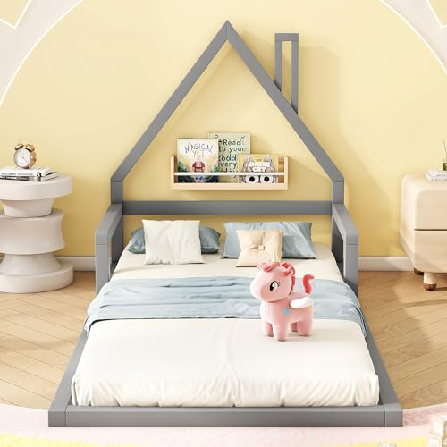 Jovify Kinderbett 90x200 cm Bodentief Hausbett Bodenbett mit Rausfallschutz und Lattenrost, Schornsteinform Design, Bettgestell Flachbetten Haus Kinder Bett Jugendbett Einzelbett, ohne Matratze, Grau