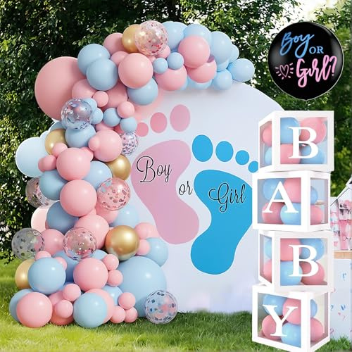 REAL DECO Gender Reveal Dekoration – Boy or Girl Ballonger 129 Delar – Ballongbåge Set Rosa Blå Guld – Baby Shower Dekoration & Fotobakgrund för Avslöjandefest