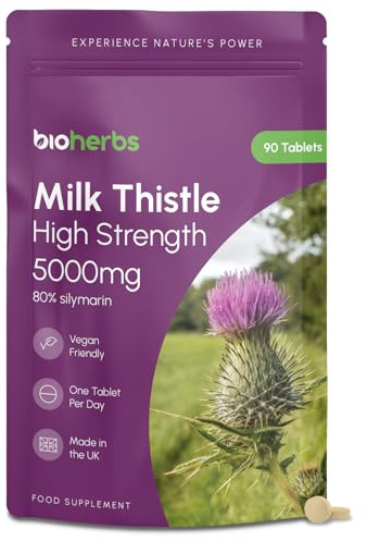 Milk Thistle High Strength 5000mg - 80% Silymarin (125mg Extract) by BioHerbs | 90 One-Per-Day Milk Thistle Tablets (3-Month Supply)
