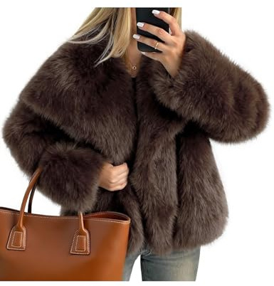 Kissonic Women Faux Fur Coat Long Sleeve Lapel Open Front Shaggy Furry Jacket Warm Fluffy Short Outwear(Brown-M)