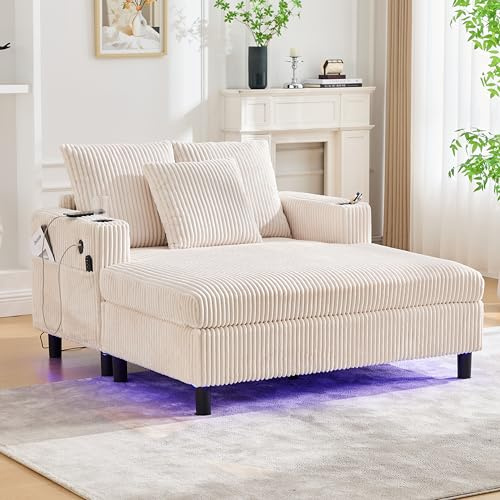 Soweiz Sofá, chaise longue suave, sillón reclinable con soportes laterales para bebidas, puertos USB, iluminación LED integrada, para salón, dormitorio, 142 x 128 x 85 cm (beige)