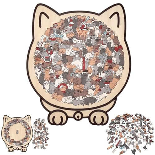 Puzzle en Bois de 135 pièces en Forme de Chat aux Couleurs Morandi, Puzzle en Bois de Chat en Forme d'animal, encadré par des Contours de Chat enchanteurs, pour la Famille, Les Amis, Les (A)