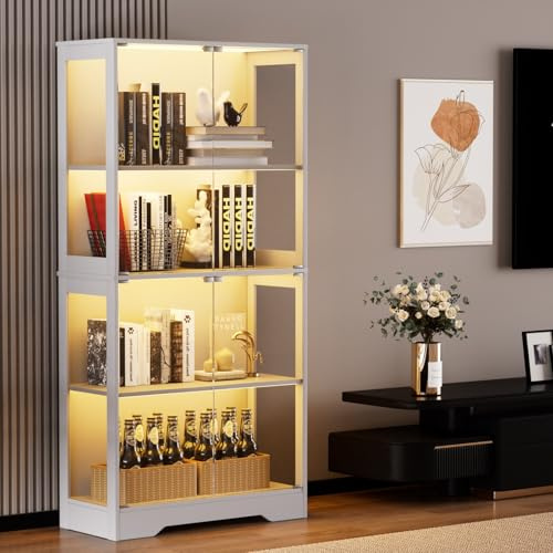 BLSYHDH Vitrina de cristal con LED, vitrina de pie con 4 puertas de cristal y sensores inteligentes, armario de vitrina de cristal a prueba de polvo para salón (blanco, 4 pisos, 4 puertas + LED)
