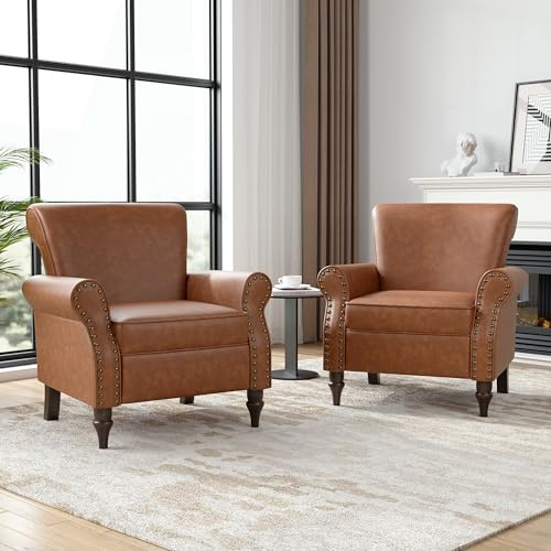 Qatiby Faux Leather Accent Chairs Set of 2, Mid-Century Modern Upholstered Wingback Armchair with Nailhead Trim & Rolled Armrest, Comfy Reading Chair Single Sofa Chair for Living Room Bedroom, Brown