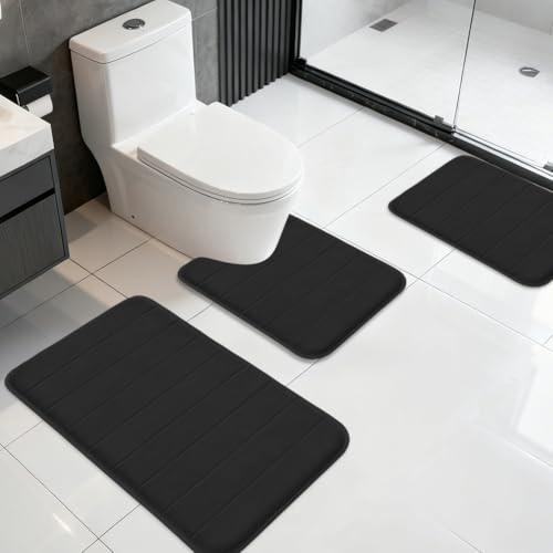 Zinueen Juego de 3 alfombrillas de baño, antideslizantes, lavables y a máquina, absorbentes, suaves, para ducha, baño, inodoro y bañera (negro)