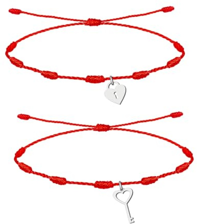 Cotigo – Pack de 2 Pulseras Ajustables Llave y Candado para Pareja y Amistad, Hilo Rojo con Colgantes de Acero Inoxidable, Regalo Original de Amor, San Valentín y Cumpleaños (Llave y Candado plateado)