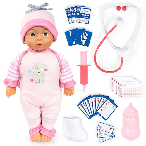 Bayer Design Babydocka, talande, doktorsdocka, 36 cm | mjuk kropp, med flaska, stetoskop, spruta, gipsfot och många tillbehör