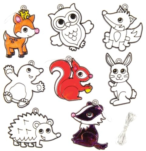 Baker Ross AV389 Woodland Animal Colour in Window Decorations, Suncatcher Stained Glass Effect for Children to Make and Display (Pack of 8)