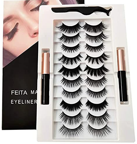 FEITA Upgraded Magnetic Eyelashes Kit with Eyeliner - 10 Pairs Magnetic False Lashes Natural Look with Applicator, 2 Tubes Magnetic Eyeliner - Easy to Apply & No Glue Needed