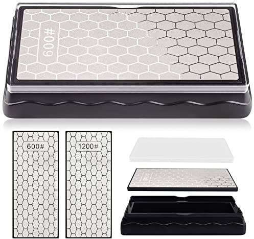 Kalolary - Pietra diamantata double-face, per affilare i coltelli, con superficie a nido d'ape, con base antiscivolo, per forbici e coltelli, utensili da cucina (grana 600/1200, 150 x 63 mm)