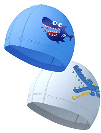 Kinder-Badekappe, 2 Stück, Badekappe für Kinder, Jungen, Mädchen im Alter von 4–10 Jahren (Blau 1 + Weiß 1)