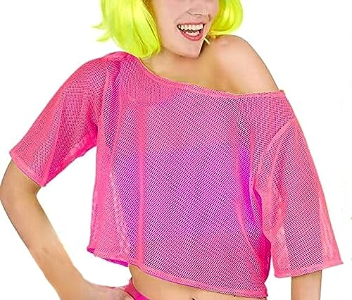 SamHeng Fishnet Camiseta Transparente Crop Top para Mujer Disfraz y Accesorios de los Años 80 para Fiesta Temática