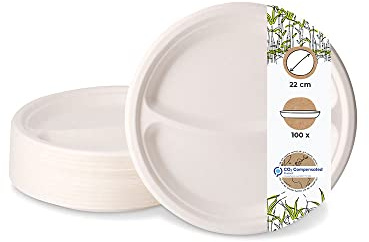 BIOZOYG 100 unidades plato de menú de caña de azúcar con 2 compartimentos Ø 22 cm I Cuencos de bagazo con división resistente a la grasa y al agua I Vajilla desechable compostable