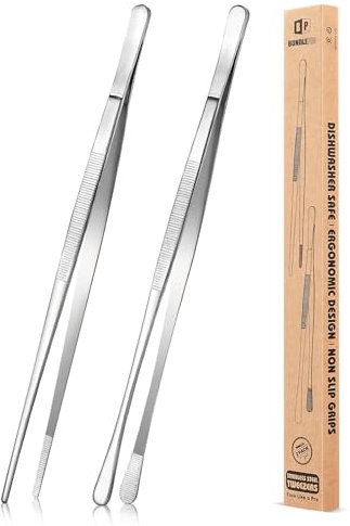 2 pezzi pinzette da cucina da 12 pollici, pinzette professionali da cucina lunghe in acciaio inox per barbecue, frutti di mare, riparazione e servizio (ARGENTO)