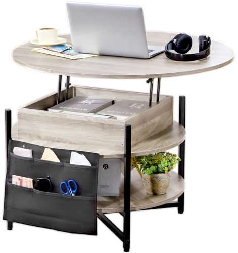 VEVOR Tavolino da caffè con piano sollevabile, 900 x 900 x 510 mm, tavolino rotondo per soggiorno, con tasche di stoccaggio aggiuntive, capacità di 50 kg, tavolino da caffè pop-up per soggiorno,