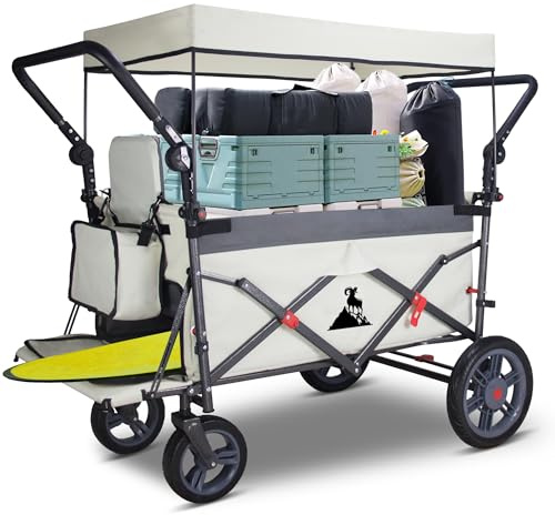 TOPWELL Bollerwagen faltbar, Handwagen mit Dach und Bremsen, Transportkarre Gerätewagen, klappbar, 180L große Kapazität Festival Wagen, bis 120 kg Tragkraft (Grau/Beige)