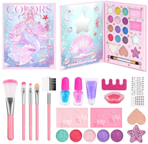 Aomig 43 Colors Kids Makeup Set, Non-Toxic Cosmetics Princess Kit with Brush and Mirror, Washable Toy Sets for Girls - Christmas Halloween Birthday Gift