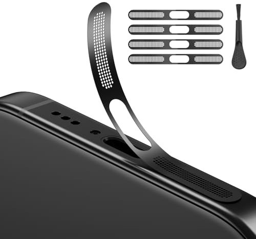 Lot de 4 autocollants en maille anti-poussière pour iPhone 16 Pro/16 Pro Max, avec 4 chiffons de nettoyage et 1 brosse, protection de précision pour haut-parleurs, port de charge et capteurs, noir
