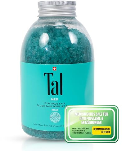 Tal® MED Sale da pediluvio 380 g – Sale naturale del Mar Morto per piedi stanchi e asciutti, aiuta con problemi di pelle e odore dei piedi, additivo per pediluvio con olio d'oliva e olio di pino