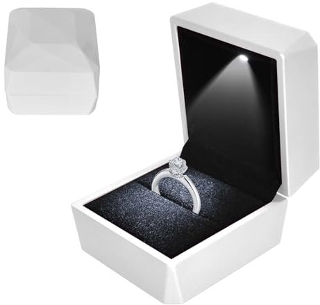 Colexy Boîte à Bague avec Lumière LED, Boîte à Bijoux en Velours, Boîte à Bijoux Rangement, pour Mariage, Proposition, Fiançailles (Blanc)