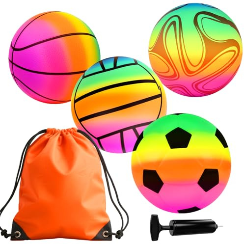Picabika 8.5'' Colorful Playground Balls, Inflatable Balls for Kids and Toddlers with Air Pump, Basketball, Volleyball, Soccer for Playground, Indoor and Outdoor