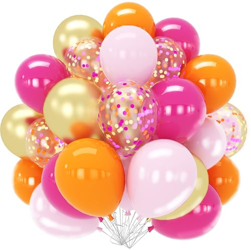 Rosa orange ballonger, 60 st 30 cm (12 tum) het rosa orange metallisk guldballong set med konfettiballong och band, latexballonger för födelsedag baby shower tropisk fiesta sommarfest dekorationer