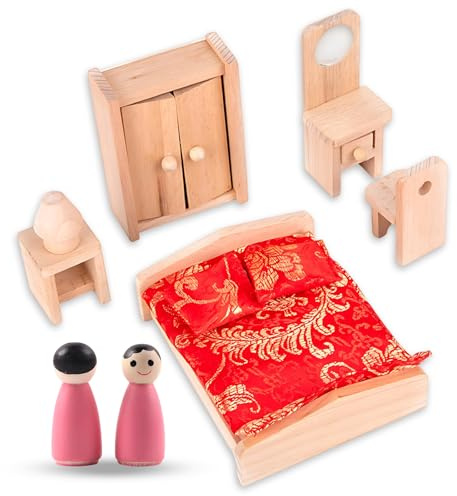 6Pcs Dolls House Accessories Set,Includes Bedroom Set and Pink Wooden Figure, Wooden Dolls House Furniture, Doll House Furniture Educational Toy for Imaginative Play, Family Role-Playing Game