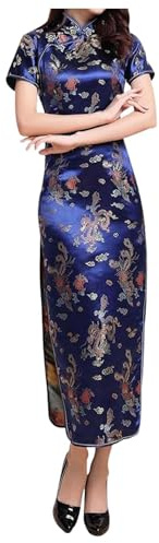 Generisch - Vestido cheongsam chino con bordado de manga corta y largo para mujer, estilo tradicional qipao, azul oscuro, M