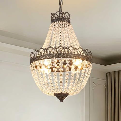 meibeileil Lampadario Cristallo Vintage,Lampadario Camera da Letto E14,Catena Regolabile L100cm,Lampadario Cucina Sospensione 4 Luci,Lampadario Led Soffitto Soggiorno Anticata Nera-Oro,60W,Ø32*50cm.