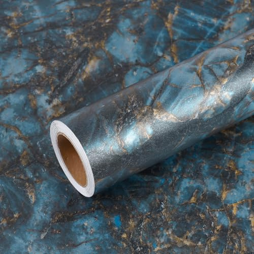 VEELIKE Klebefolie Marmoroptik Blau Gold Marmor Tapete Selbstklebend Möbelfolie Marmor Folie für Arbeitsplatte Küche Tapete Badezimmer Wasserfest Matt Dick Tapeten Wohnzimmer Tischfolie 40cm × 300cm