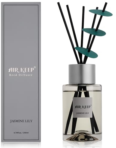 Airkeep Ambientador 200 ml con Varillas aromáticas – Jasmine Lily Fragancia de Larga duración, decoración Elegante para Dormitorio, baño y Oficina