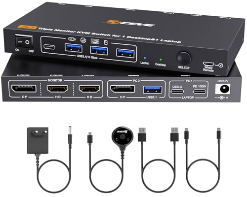 YOUTINGHDAV Triple Monitor KVM Switch per 1 Laptop 1 Desktop, USB 3.1 KVM Switch 2 PC 3 Monitor USB C HDMI DP Condividono 4 USB ports, 100W PD, 4K@60Hz, MST, Wired Remote(4K USBC DP HD 2 in 3 out)
