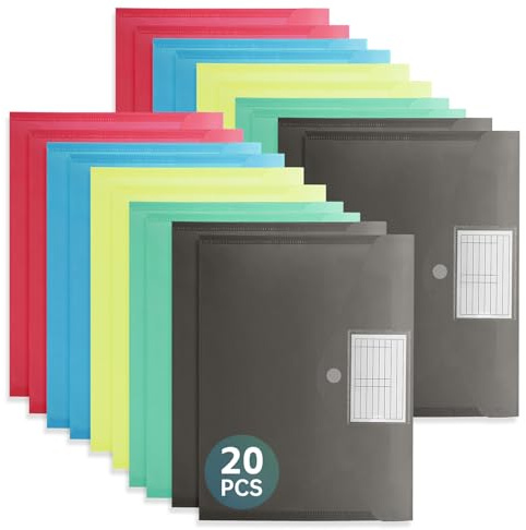 FRETONBA Pochettes Plastiques A4 20 Pièces, Chemises 5 Couleurs | Pochette Document avec Poche à Étiquette et Fermeture Scratch, Pochettes Classeur pour Bureau, Voyage, Fournitures