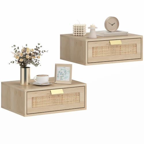 HOMCOM Floating Bedside Tables Set of 2 Wall Mounted Bedside Cabinets Oak | Rattan Drawer, Wood Effect, Boho Nightstands, for Bedroom