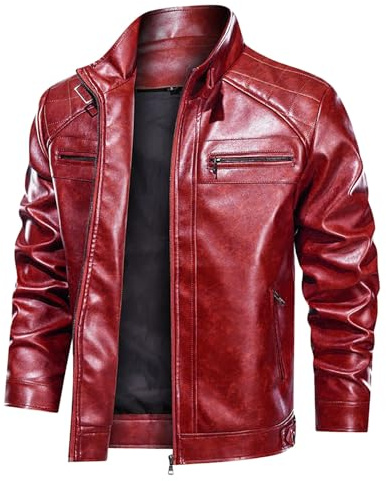 Générique Veste en cuir de sport à col montant pour hommes, automne et hiver, ourlet droit, poches latérales, sans capuche