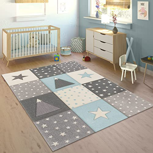 Paco Home Alfombra Infantil Pastel Cuadros Puntos Corazones Estrellas Blanco Gris Azul, tamaño:140x200 cm