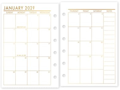 Foiled Pocket Monthly Calendar Planner Insert, 3.2 x 4.7, Sunday Start, Ring Binder Refill, Dated Month on 2 Pages View, Gold Satin Finish