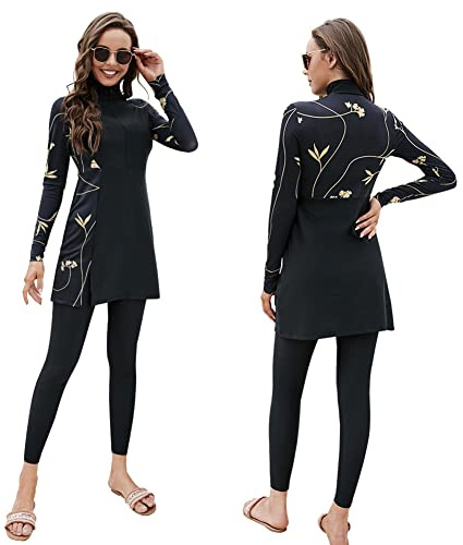 Odizli Maillot de bain musulman Burkini à manches longues pour femme - Soutien-gorge + maillot de bain 2 pièces - Couverture complète Modest, Noir (3), XL