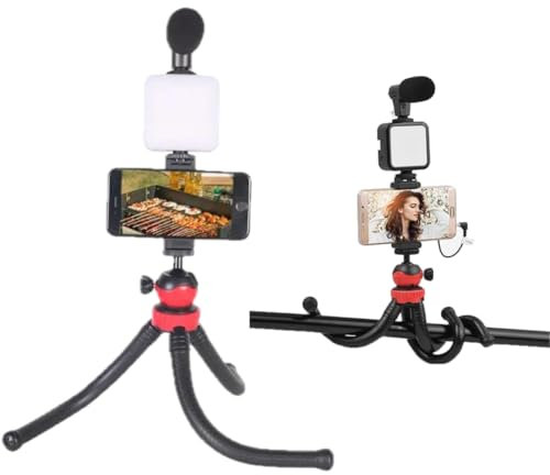 White Isle Flexi Smartphone Vlogging Kit, for Apple & Android, Includes Apple standard cable, Youtube Starter Kit and Podcast Equipment, 3.5mm Audio Jack, Tripod, Mic, led Light, Phone Holder
