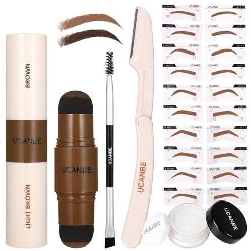 UCANBE 25PCS Augenbrauen Stempel Schablone Kit mit Dual-Color Augenbrauen Stempel Pomade,20 wiederverwendbare Augenbrauen Schablonen,Finising Pulver,Pinsel,Augenbrauen-Rasierer,Zipper Pouch(02)