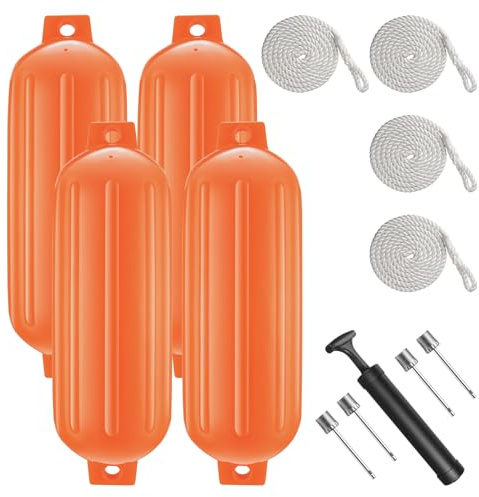 VOYOCHT Boat Fenders 8.5 x 27 Inches Twin Eyes Ribbed Boat Fenders Bumpers Pack of 4 with Lines and Pump to Inflate for Docking (Orange)