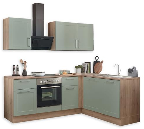 Marseille Moderne Eckküche ohne Elektrogeräte in Schilfgrün, San Remo Eiche Optik - Geräumige Küchenzeile L-Form mit viel Stauraum - 220 x 211 x 60 cm (B/H/T)