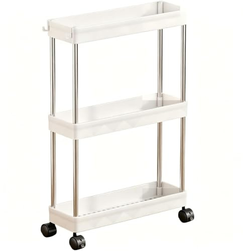Multibao 3 Tier Slim Slide Out Kitchen Trolley Rack Holder Storage Shelf Organiser with Wheels for Small Spaces Bathroom Kitchen Laundryroom Bedroom Space-Saving (White 13cm*40cm*58m)