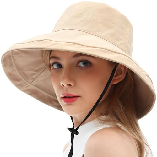 Sombreros de sol para mujeres 100% algodón de ala ancha, sombrero de cubo para jardinería, viaje, protección solar, plegable, sombrero de playa para mujeres - ala plegable, Beige puro, 5