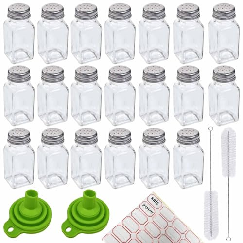 QISF 24 Pack Glass Salt and Pepper Shaker Set with Brush and Foldable Funnel, 1.75 x 3.75 Clear Spice bottle for Kitchen, Restaurants, Catering