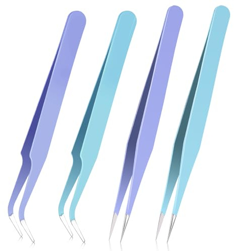 Dimeho Pinzette adesive in acciaio inox, dritte e curve, 4 pezzi, pinzette per ciglia, kit per artigianato, adesivi, extension per ciglia, creazione di gioielli, viola/blu