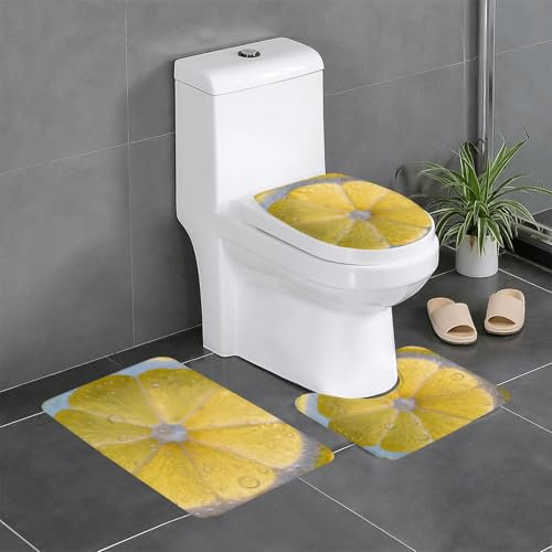 DWVTFSM Zitronenglocken Badteppiche Sets 3-teilig super saugfähig rutschfest Badteppich U-förmige Konturmatte Toilettendeckel Weiche Mikrofaser Badematte Duschteppiche für Schlafzimmer Küche Bad Dekor