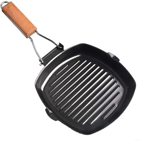Poêle à steak en fonte antiadhésive avec poignée en bois pliable, 20 cm pour toutes sources de chaleur, cuisine intérieure et extérieure, facile à nettoyer et à ranger, répartition homogène de la