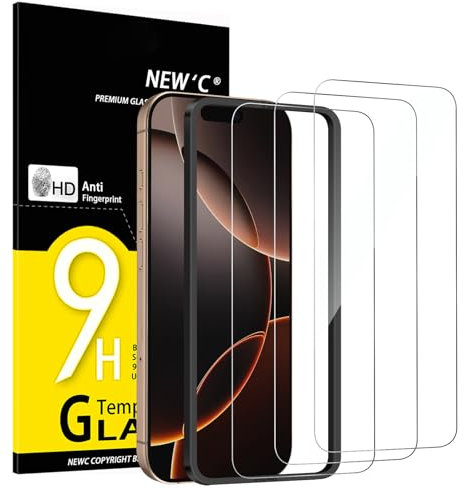 NEW'C 3 Piezas, Protector Pantalla para iPhone 17, 17 Pro, iPhone 16 Pro (6,3″), Cristal templado con herramienta de instalación fácil incluida, Antiarañazos, Antihuellas, Dureza 9H, Ultra Resistente